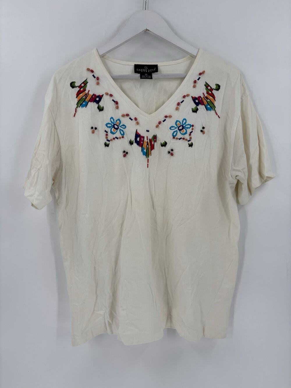 Carole Little Vintage Top Womens Medium Ivory 100% Cotton Embroidered Beaded